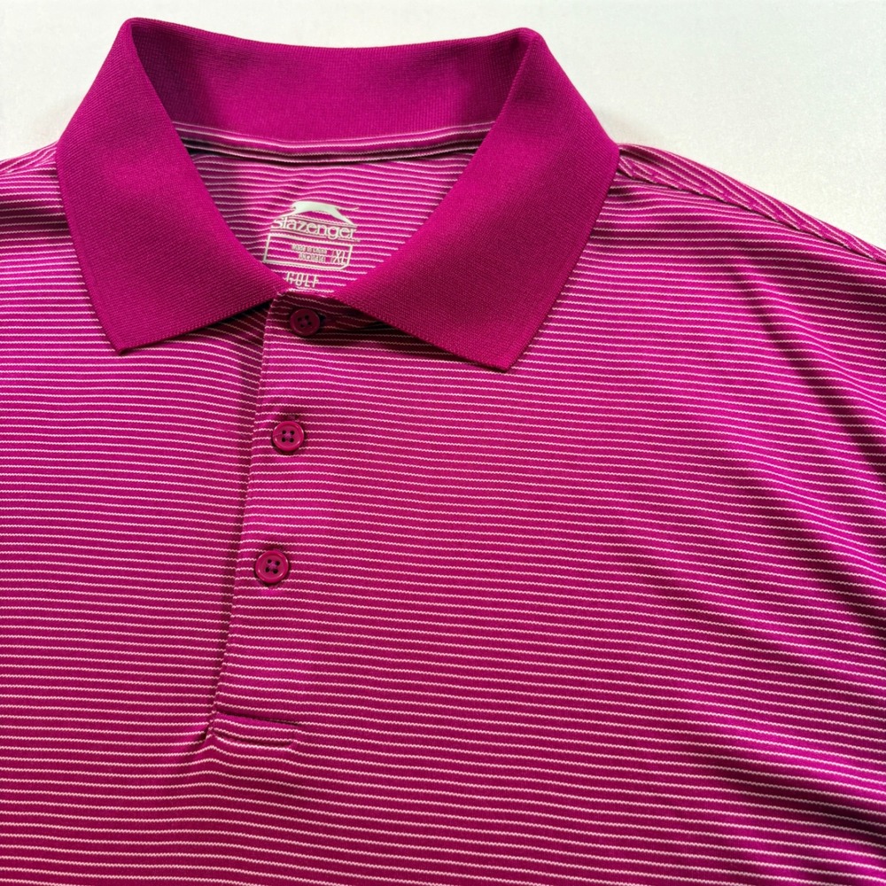 Slazenger Golf Polo Shirt Mens XL Pink White Striped Performance Short Sleeve